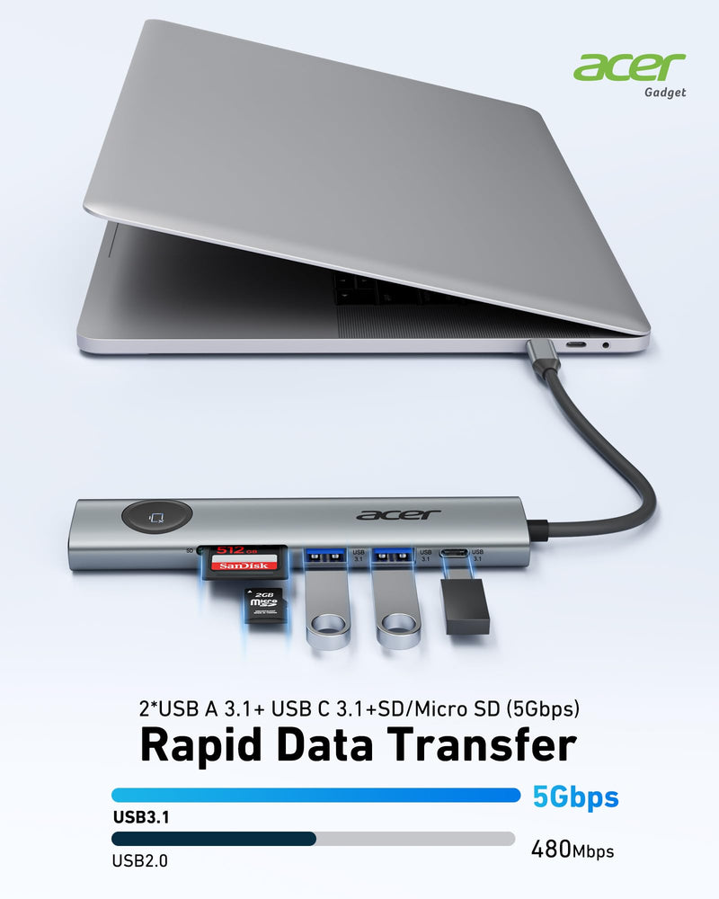 Acer 4K@60Hz USB C Hub, 7 in 1 USB C to HDMI Splitter with USB-A 3.1 & Type-C Data Port, 100W PD & SD Card Reader, USB-C to HDMI Adapter for iPad Pro MacBook Pro Acer Laptops & Other Type C Devices Grey