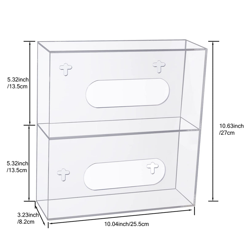 Glove Box Holder Dispenser Acrylic Double Side Loaded Clear Rack Storage Organizer for Medical, Latex, Rubber, Nitrile, Exam, Disposable Glove Boxes and Face Mask Holder Standing or Wall Mount