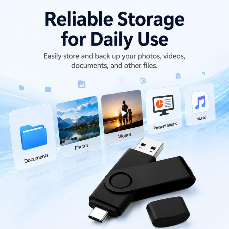 USB Flash Drive 256GB, 2-in-1 Type-C and USB-A Thumb Drive,256GB Swivel Design Memory Stick for Laptop, PC and Compatible Smartphones - Black