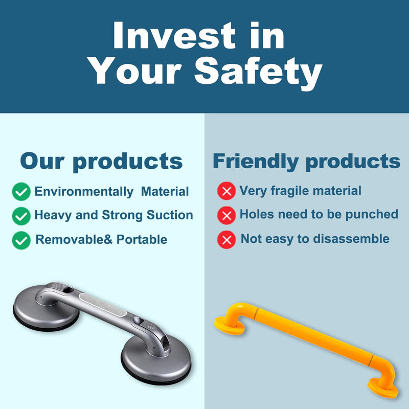 Shower Handle Shower Grab Bars for Bathtubs and Showers,Strong Hold Suction Cup Grip Grab,Bath Handle Heavy Duty Grab Bars for Handicap Elderly Seniors Bathroom（Silver Grey） Silver