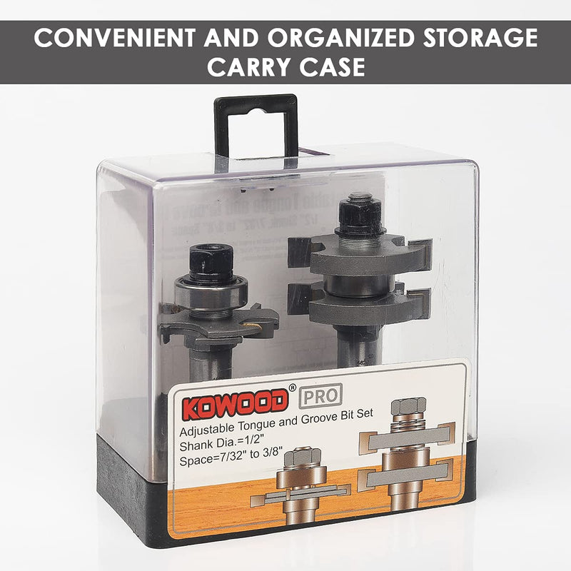 Pro Adjustable Tongue and Groove Router Bit Set 1/2 Inch Shank, T Shape Wood Milling Router Bit for Match Oak Hardwood Floor Wainscoting Boards Joinery 7/32" to 3/8" Space