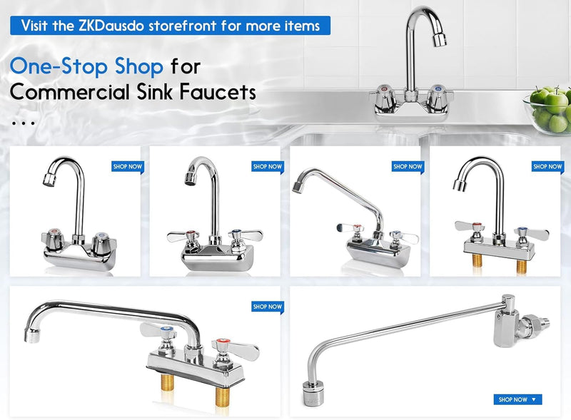 Leak-Free Commercial Hand Sink Faucet with Ceramic Valve, 4 Inch Center Wall Mount Kitchen Faucet with 3-1/2" Swivel Gooseneck Spout & Dual Knobs for Bar Restaurant Laundry, Brass Constructed