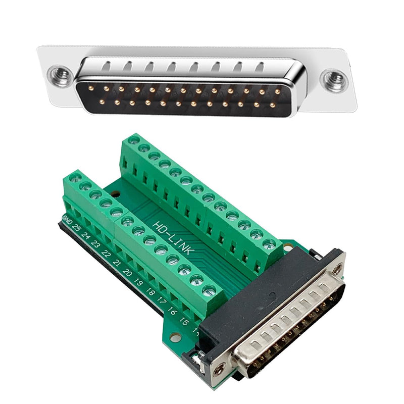 2Pcs DB25 Male Female Breakout Board Connector, RS232 D-SUB Serial 25 Pin Port Terminal Solderfree Adapter with Nut