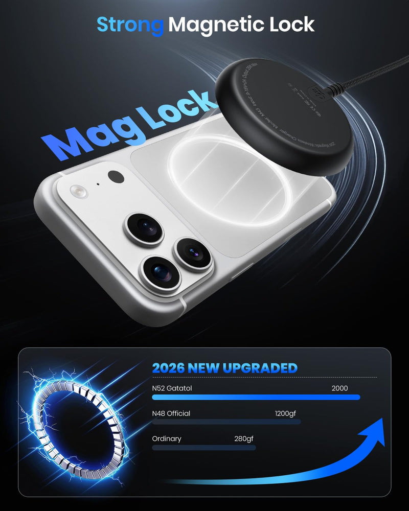 Magnetic Wireless Charger, 5FT Qi2 25W Fast Charging Pad Compatible with MagSafe for iPhone Air/17e/17/16/15/14/13/12/Pro/Pro Max Series & AirPods 4/3/2/Pro & More (with 30W Adapter) S Black