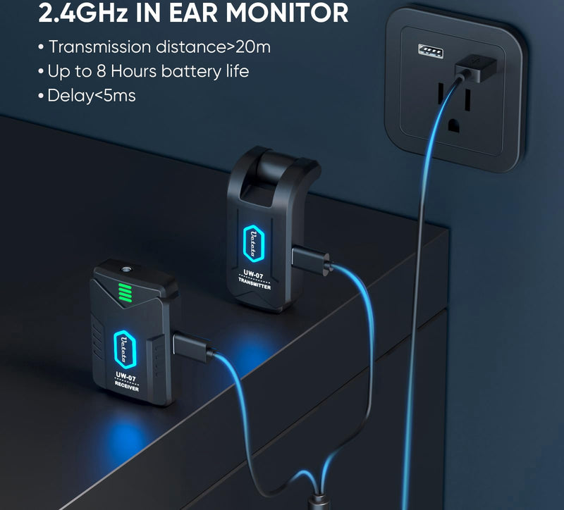 Ueteto Wireless in Ear Monitor System，2.4GHz Mono IEM System with Transmitter Beltpack Receiver, Plug and Play for Musicians， Studio, Band Rehearsal, Live Performance