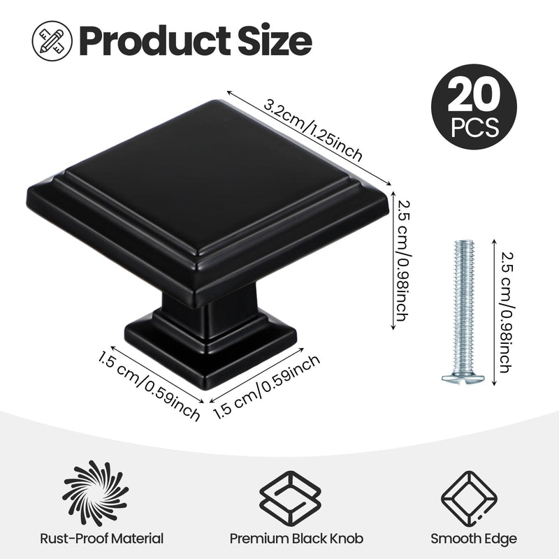 Sintuff Black Matte Cabinet Knobs Bulk 1.25 Inch Square Kitchen Drawer Knobs for Cabinet and Dresser Drawer Pulls Hardware Zinc Alloy Bathroom Kitchen Door Cupboard(20 Pieces) 20