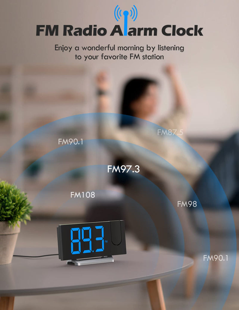 Projection Alarm Clock with FM Radio, USB Charging Port, 0-100% Dimmer, Dual Alarms, HD LED Display, 30 Preset Stations, Sleep Timer, 5 Alarm Sounds, Snooze, Curved Screen, Digital Clock for Bedroom Blue