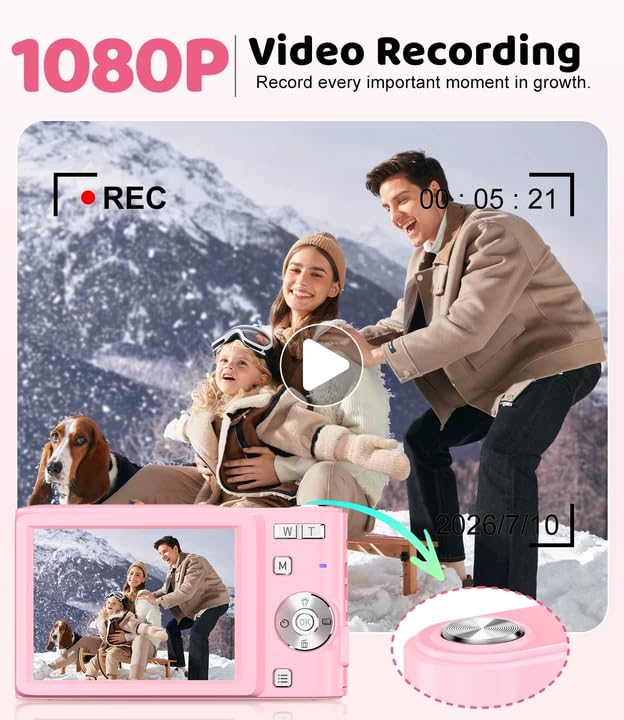 Pink Digital Camera, 50MP FHD 1080P Portable Point and Shoot Camera, Small Digital Camera with 16X Digital Zoom, Anti-Shake Vlogging Device for Daily Life, Travel, Kids, and Beginners Pink