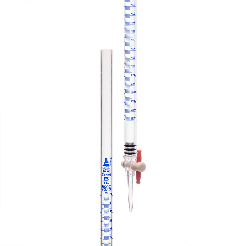 EISCO 25mL Acrylic Burette - Class B - 0.1mL Blue Graduations - with PTFE Key Stopcock