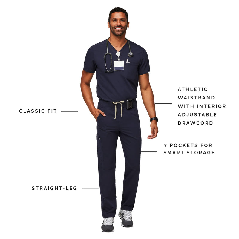 FIGS Axim Cargo Scrub Pants for Men — Classic Fit, Straight Leg, 7 Pockets, 4-Way Stretch, Anti-Wrinkle Regular Medium Navy Blue