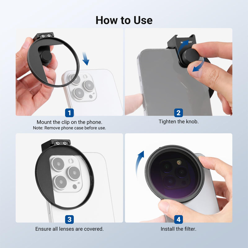 NEEWER 67mm Variable ND Filter & Threaded Phone Clip Set, Adjustable ND2-32 HD Neutral Density Mobile Photography Accessories, Compatible with iPhone 17 Pro Max Samsung S26 Ultra
