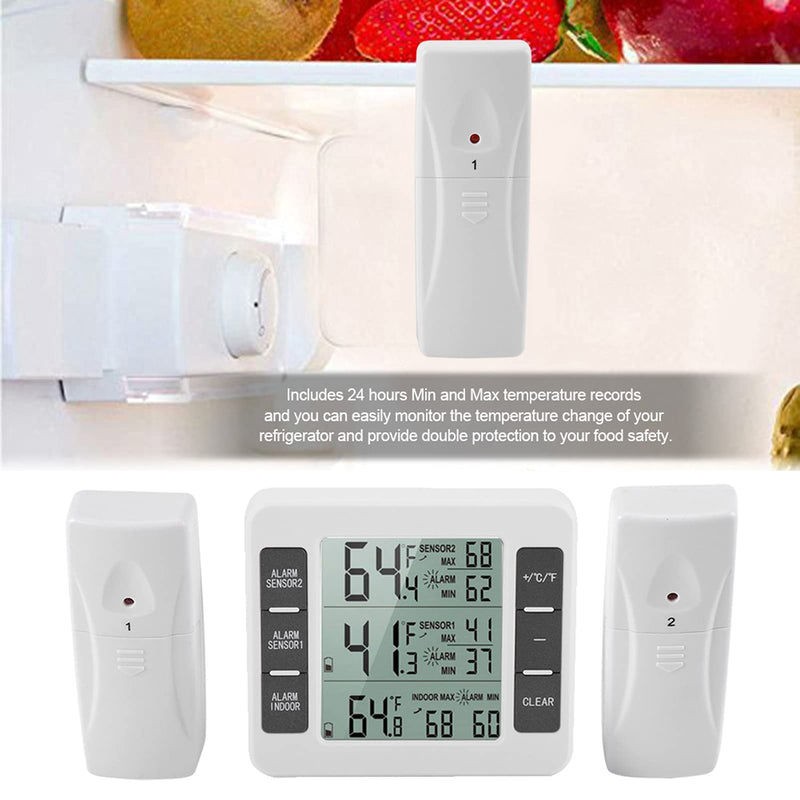 Digital Refrigerator Thermometer with Audible Alarm, 2PCS Sensor, Min Maximum Display