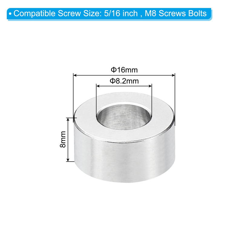 PATIKIL M8 Stainless Steel Spacers, 10Pcs Metal Spacer Stainless Steel 8.2mm ID x 16mm OD x 8mm L Stainless Steel Spacer Screw Standoff for 5/16" or M8 Screw