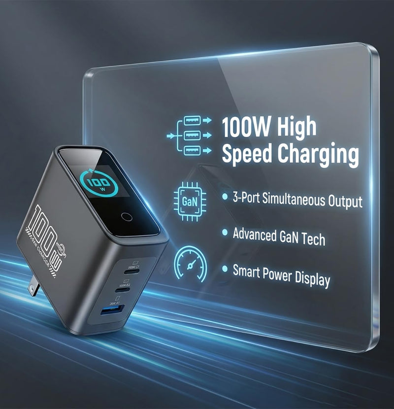 100w USB C Charger with Smart Display, 3-Port GaN Laptop Fast Charger Block | Power Adapter with Touch Controls for iPad, MacBook, iPhone 17/16 Series and More (Non Cord)