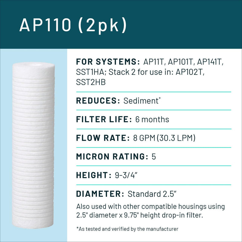 3M Aqua-Pure AP110 2-Pack Whole House Replacement Water Filter Cartridges, 5 Micron Sediment Reduction, for use with AP11T or AP101T Housing AP110 (2-pack), 5 micron sediment