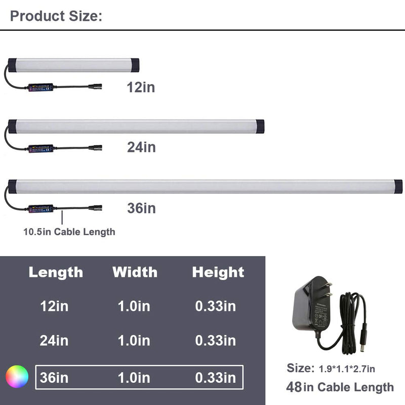 Dimmable Under Cabinet Lighting, RGB LED Light Bar, RF Remote Control Lamp, Multicolor Under Counter Lights for Desk, Room, Cupboard, Hallway, Shelf, Closet (36 Inch) 36 Inch
