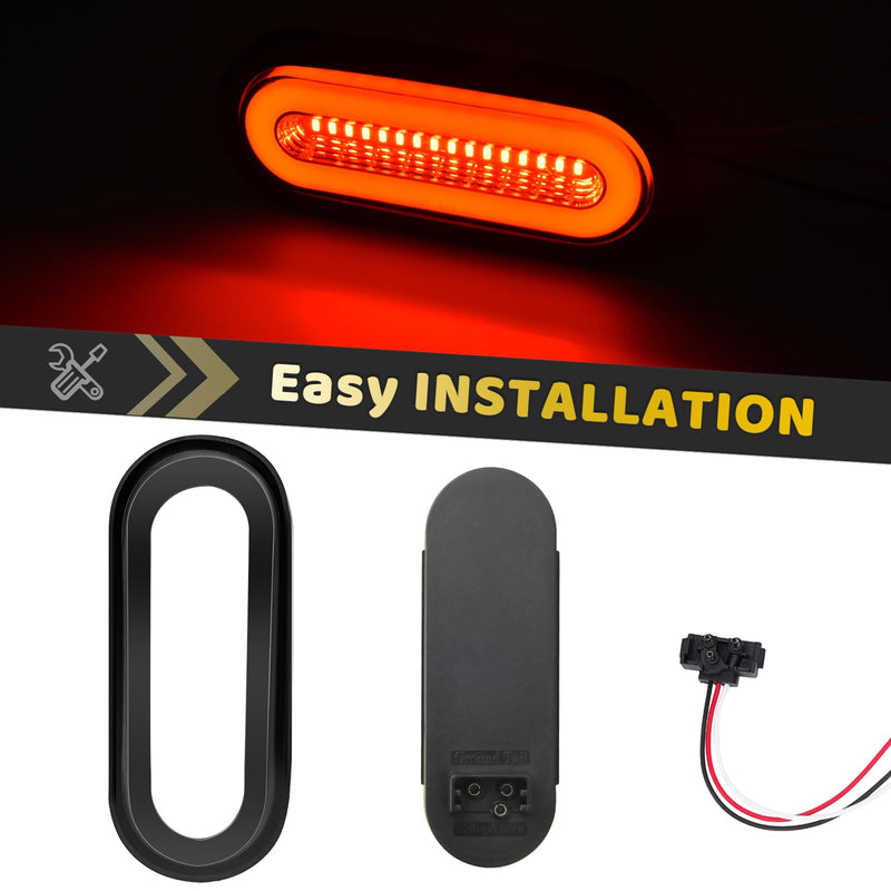 2Pcs 6" inch Smoked Lens Oval Red 52 LEDs Trailer Boat Halo Brake Stop Running Turn Signal Tail Lights【Patented】 w/Rubber Grommet, Sealed Submersible IP67 for Truck/RV/Van, DC 12V