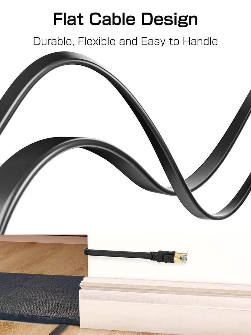 Senetem Cat 8 Ethernet Cable 100FT, High Speed 40Gbps 2000Mhz Flat Internet Network Patch Cord, RJ45 Shielded Outdoor&Indoor LAN Cable, Compatible for Gaming, PC, PS5/4/3, Xbox, Modem, Router Black 1