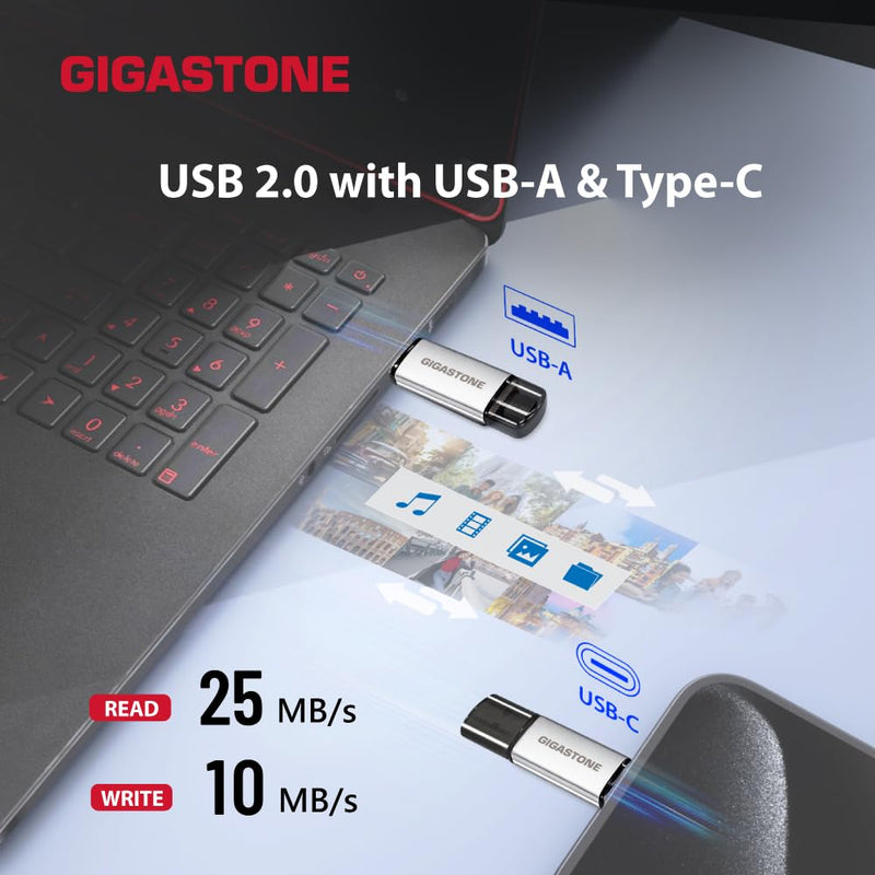 GIGASTONE 64GB Dual Flash Drive (2 Pack) V40S USB 2.0, 2-in-1 Type-A & Type-C, High Speed, Head Cap Design, Plug & Play for Smartphone/PC/Mac/TV/Car Audio