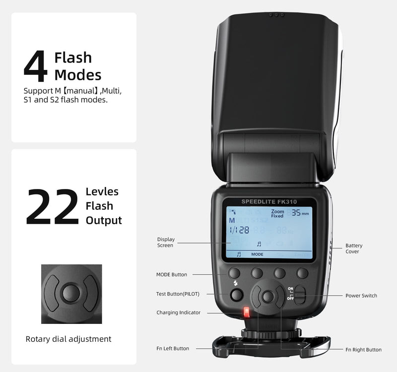 PHOTOOLEX Camera Flash Speedlite FK310, GN33 LCD Display, Manual S1/S2 | Universal single-contact hot shoe for Canon Nikon Sony Fujifilm Olympus. 8-level power. Metal mount