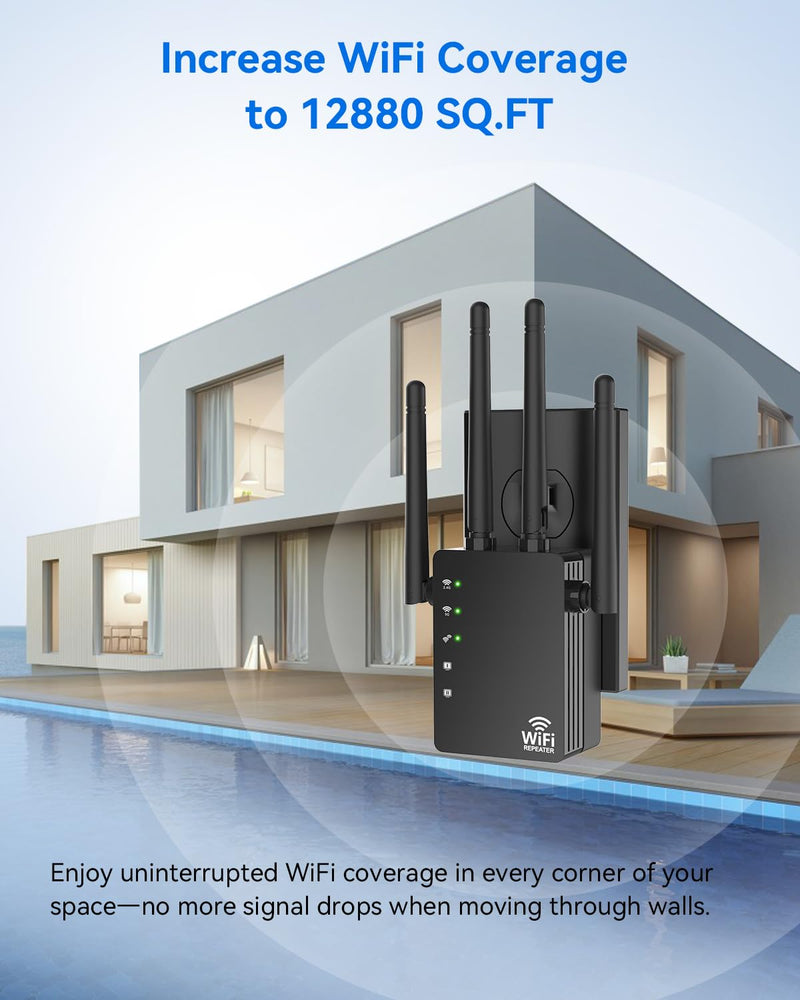 WiFi Extender Signal Booster for Home, WiFi Extender, Long Range up to 12880 Sq Ft and 105 Devices, Internet Extender WiFi Booster, WiFi Repeater with Ethernet Port, Signal Booster(Black) Black-A