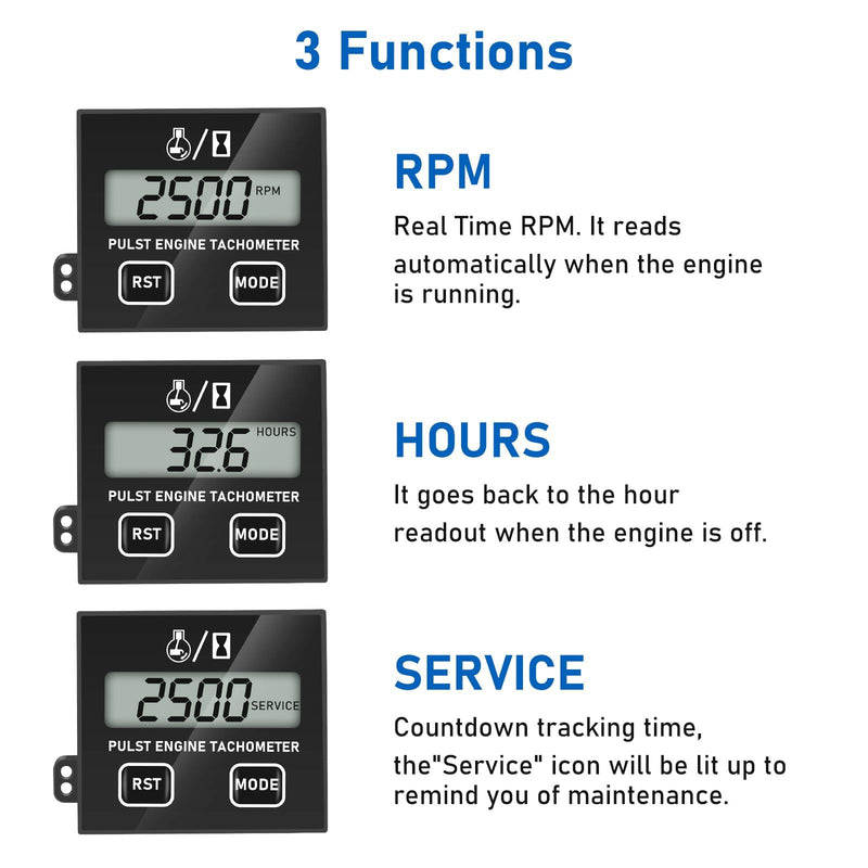 Linkstyle Small Engine Tachometer, Digital Tachometer Tach Gauge Reset Function Equipped with Clip, Inductive Hour Meter for 2 Stroke 4 Stroke Small Engine for Cropper Generator Lawn Mower RV Black+RST+MODE