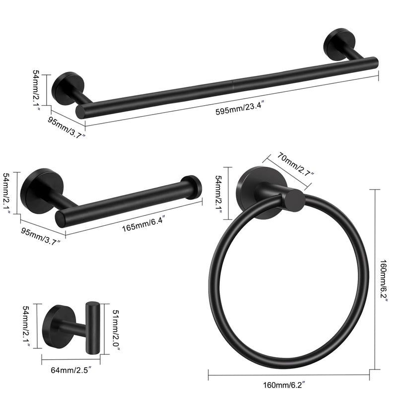 Matte Black 24in Stainless Steel Bathroom Hardware Set | Towel Bar Set , Bathroom Accessories Set Wall Mounted, Towel Racks for Bathroom, Towel Ring, Towel Hooks, Toilet Paper Holder 5
