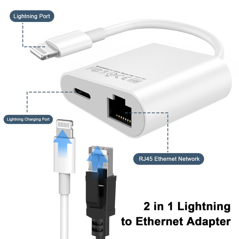 Lightning to Ethernet Adapter for iPhone 14, [Apple MFi Certified] 2 in 1 RJ45 Ethernet LAN Network Adapter with Charge Port for iPhone 14 13 12 11 XS XR X, Supports 100Mbps High Speed, Plug and Play