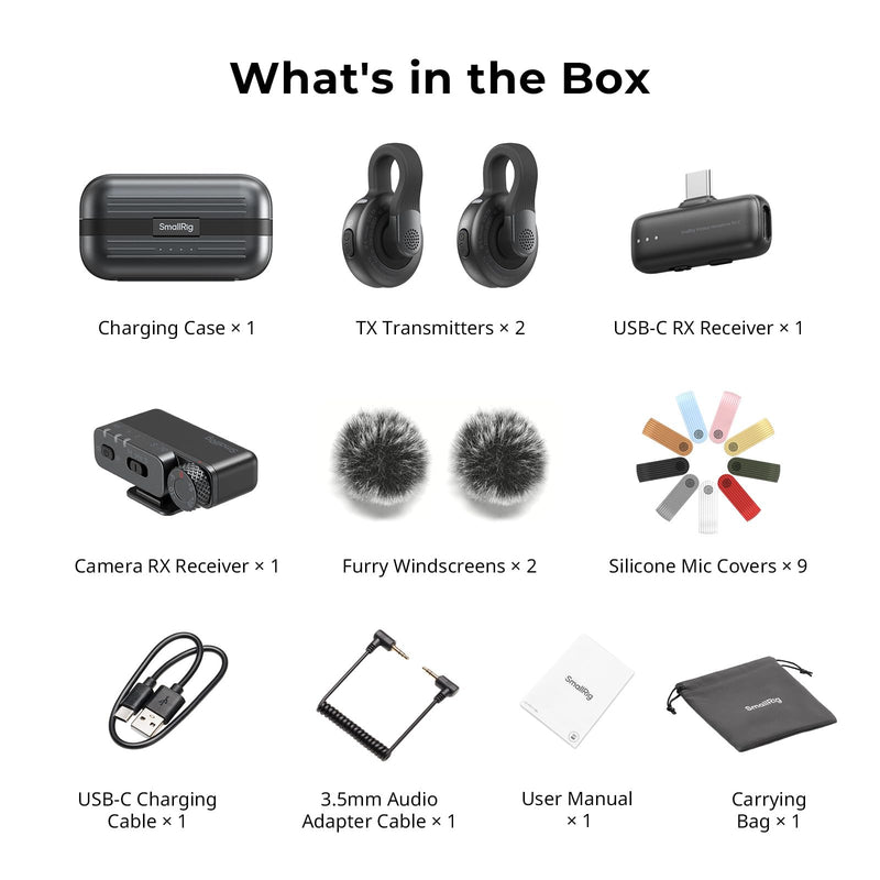 SMALLRIG Wireless Microphone S70 Mic Cover Kit (2 TX + 2 RX + Charging Case + 9 Mic Covers), Mini Lavalier Mic for Vlogging/Interview/Streaming, Includes 9 Color Silicone Covers