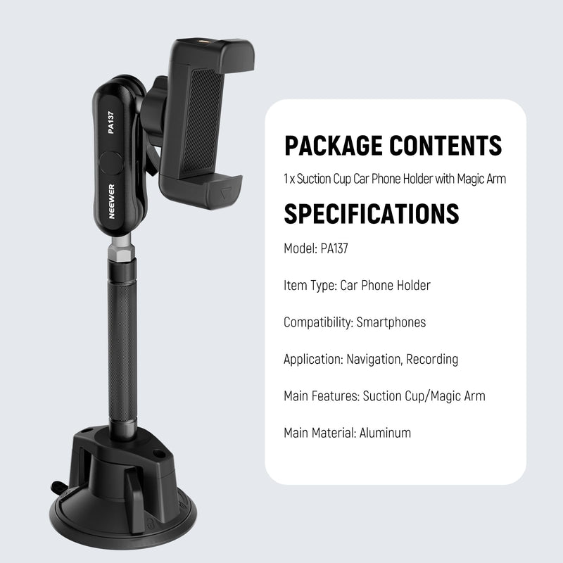 NEEWER Phone Holder for Your Car, 360° Rotating Vacuum Suction Cup Metal Cell Phone Mount Extended Magic Arm Compatible with iPhone Samsung for Windshield Skylight Navigation Video Recording, PA137