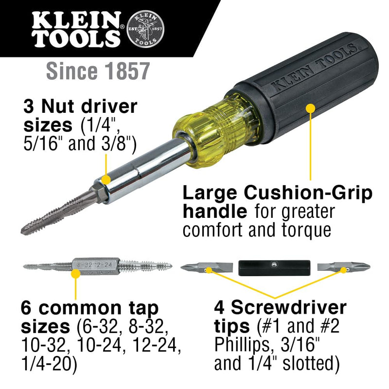 Klein Tools 32517 Multi-Bit Screwdriver / Tap Tool with 6 Common Tap Sizes, 4 Screwdriver Tips, and 3 Nut Driver Sizes