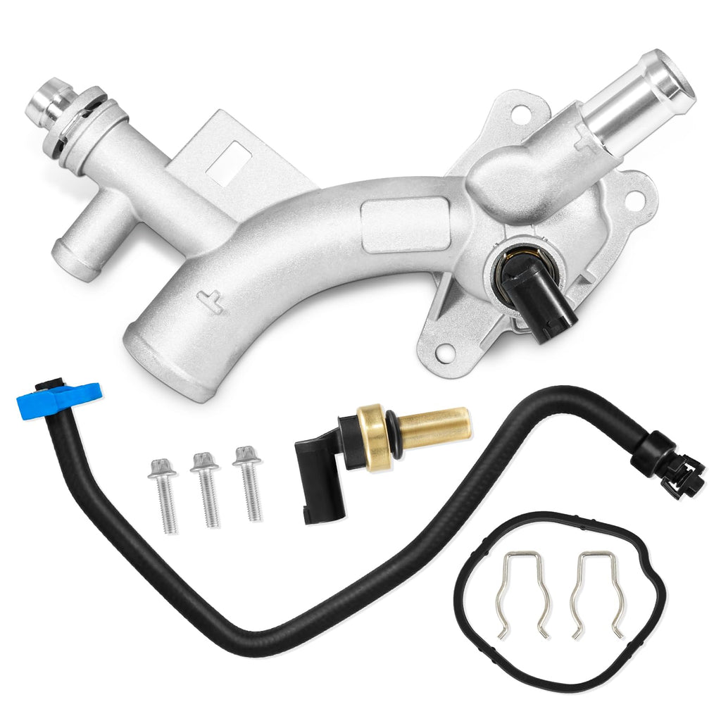 902-846 Upgraded Aluminum Engine Coolant Thermostat Housing Water Outlet with Inlet Hose & Sensor Compatible with 2011-2020 Chevy Cruze Sonic Trax Buick Encore 1.4L Replace# 25193922 55565334 W/ Inlet Hose