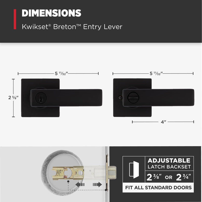 Kwikset Breton Entry Door Handle with Lock and Key, Secure Keyed Reversible Lever Exterior, For Front Entrance and Bedrooms, Matte Black , Pick Resistant Smartkey Rekey Security and Microban 1 Pack Keyed Entry