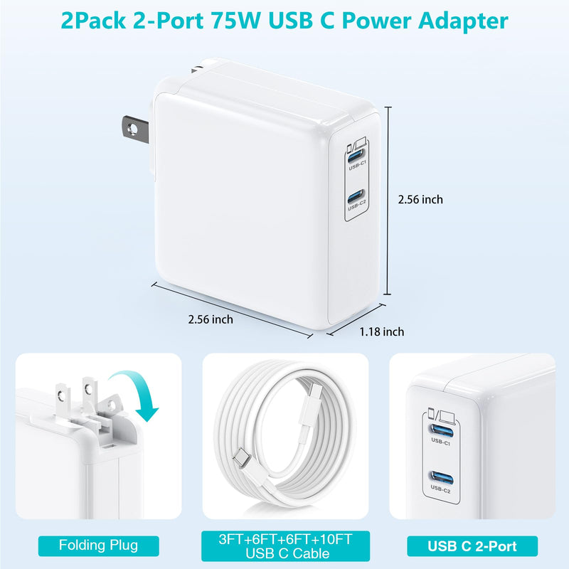 USB C MacBook Charger for MacBook Pro/MacBook Air 16 15 14 13 Inch 2025 2024 2023 2022 2021 2020 2019 M5 M4 M3 M2 M1,2Pack 75W USBC Laptop Power Adapter with 3+6+6+10ft USBC Cable for iPhone 17/16/15 White 3/6/6/10ft