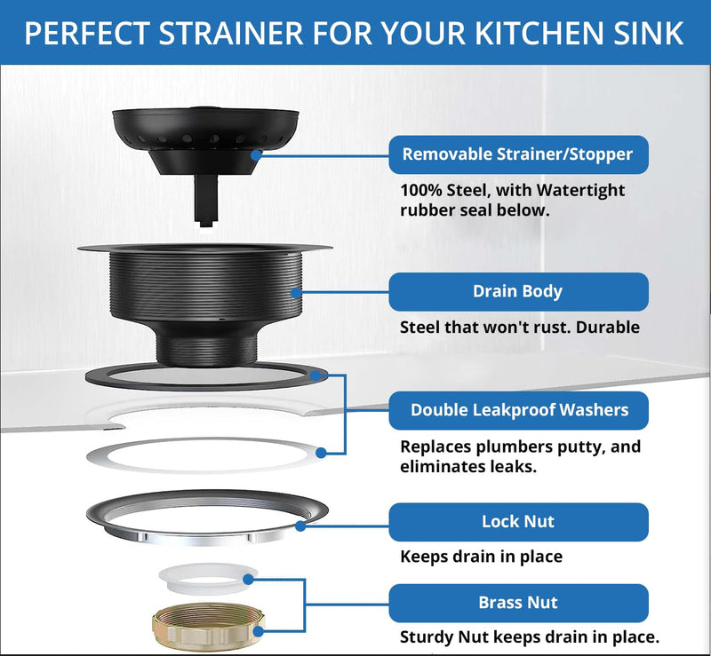 3-1/2 Inch Matte Black Kitchen Sink Drain Kit - Complete Black Kitchen Drain Assembly - Black Stainless Steel Strainer Basket Included - Fits 3.5" Standard Kitchen Sink