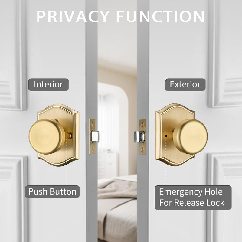 Brushed Gold Door Knob with Push Lock for Privacy Bath & Bedroom, Pismo Knob with Zinc Camelot Trim, Flexible Turning & Easy Release Lock 1 Brushed Gold