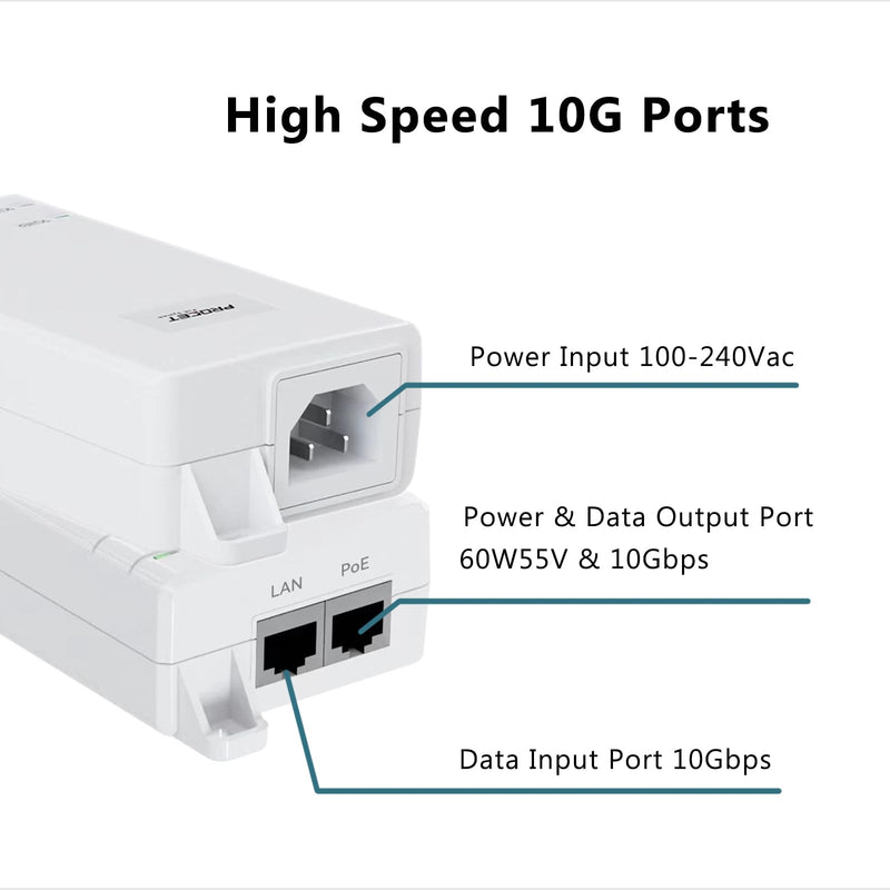 10Gbps PoE++ Injector 60W IEEE802.3bt/at/af Compliant, Supplies 15.4W or 30W or 60W Power Over Ethernet Distances Up to 328ft, PoE Injector Adapter for Camera/Access Point, EN60GB-10