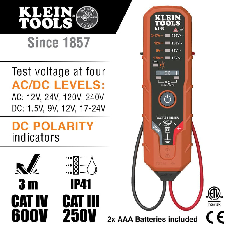 Klein Tools ET40 Digital AC/DC Voltage Tester, 12-240V AC, 1.5-24V DC, LED Illumination, DC Polarity, Auto Off, CAT III 250V-Class 2- Double Insulation, IP41 Dust and Water Resistant 12/240 V