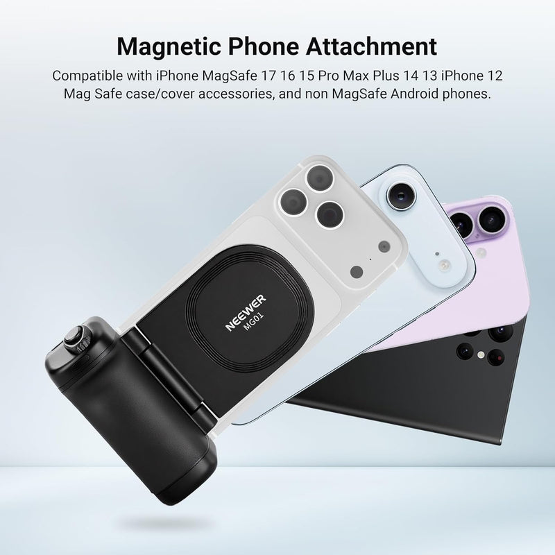 NEEWER Magnetic Phone Camera Grip Compatible with MagSafe iPhone Samsung Wireless Charging, Ergonomic Handle Holder with 3500mAh Battery & Detachable Remote for Tripod Mount Video Recording, MG01