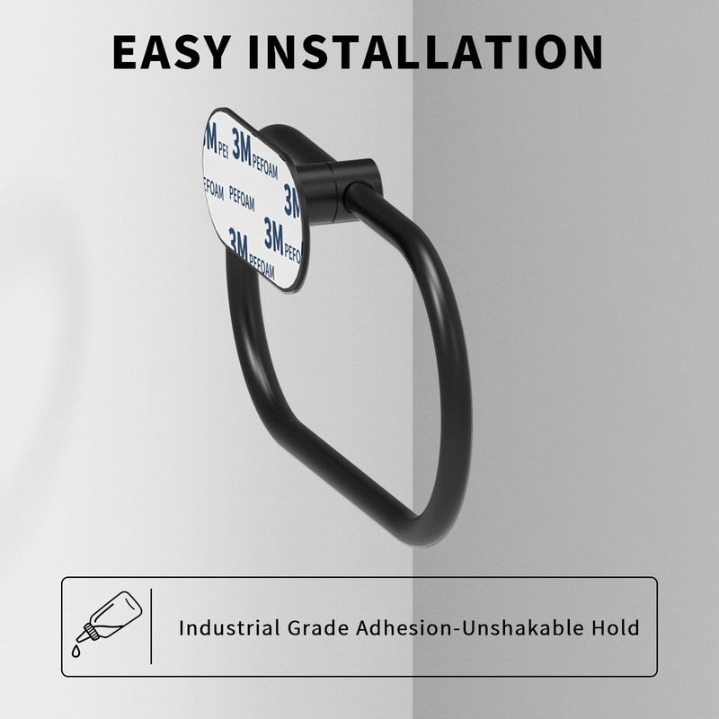 Adhesive Towel Holder for Bathroom Matte Black No Drill Hand Towel Ring Stainless Steel and Zinc Alloy Self Adhesive Towel Hanger for Bath, Kitchen