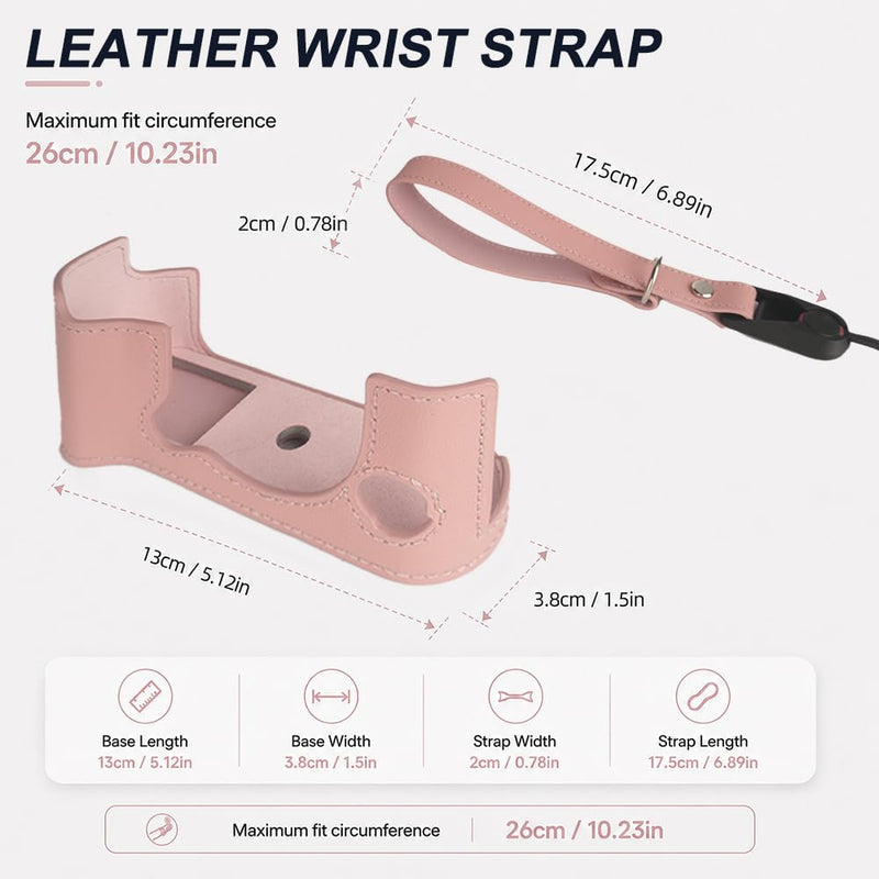 Bowan X-T50 Camera Case, Handmade Genuine Real Leather Half Camera Case Bag Cover for Fujifilm X-T50 Camera Bottom Opening Version + Hand Strap (Pink) Pink