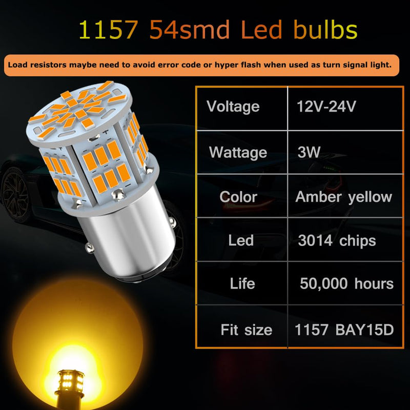 1157 Led Light Bulb Amber Yellow, 12V-24V 1157 7528 2357 2057 BAY15D LED Replacement Light Bulb for Brake Light Tail Light for Car RV Trailer Boat, 54SMD 3014 Chipset,4PCS 1157 BAY15D 4pcs
