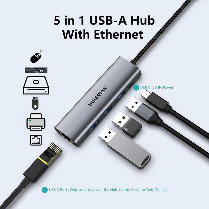 USB 3.0 Hub with Gigabit Ethernet, 3-Port USB-A 5Gbps + USB-C Power Port for MacBook, Dell, HP, Surface (Plug and Play) (USB-C)