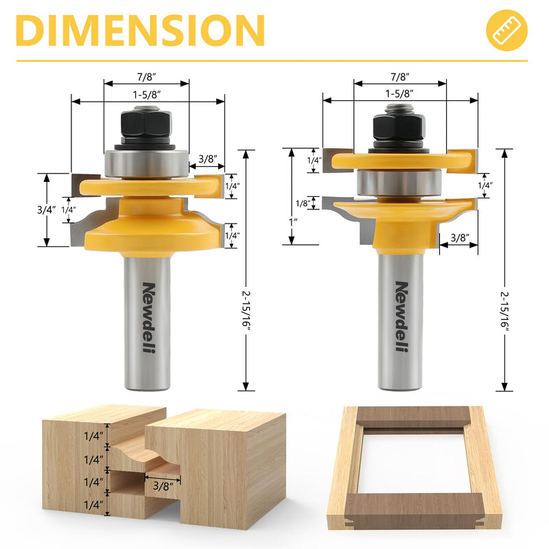 Newdeli 3Pcs Raised Panel Router Bits 1/2" Shank Cabinet Door Router Bit Set (Tenon Cutter Diameter: 1-5/8") Ogee Rail and Stile Router Bits Tongue and Groove Router Bit Set Woodworking Tools Raised Panel Cabinet Door Router Bits 1/2" Shank