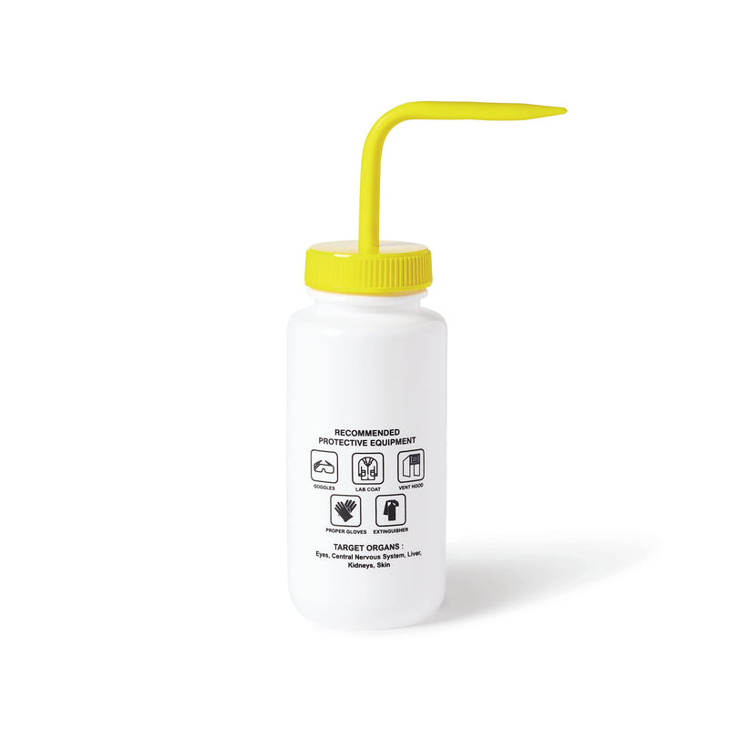 United Scientific™ UniSafe™ Laboratory Grade Wide Mouth LDPE Vented Chemical Wash Bottle, Sodium Hypochlorite, 500mL (16oz), 4-Color, Pack of 6