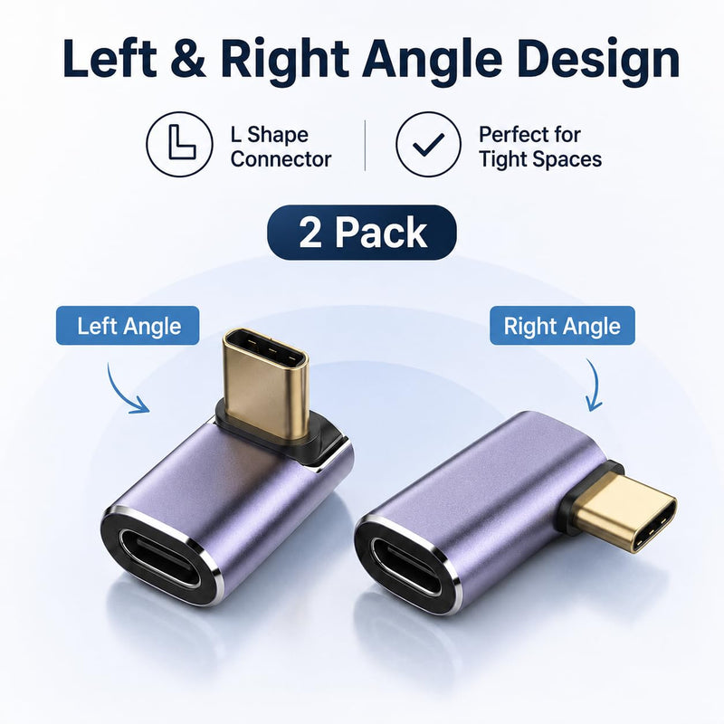2 Pack Left Right 90 Degree USB C Adapter Thunderbolt 4 USB4 40Gbps 100W PD Fast Charging 8K Video L Shape Type C Extender Connector for Laptop Phone VR