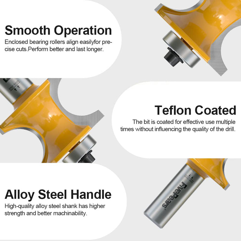 Fivepears 5Pcs Bullnose Router Bit Set 1/2 Shank, Bearing Half Round Router Bits for Woodworking, Carbide Tipped Edge Bits for Cutting Door Cabinet Shelve Table, Radius 1/8", 3/16", 1/4", 5/16", 3/8" 5 Bits Set - 1/2" Shank
