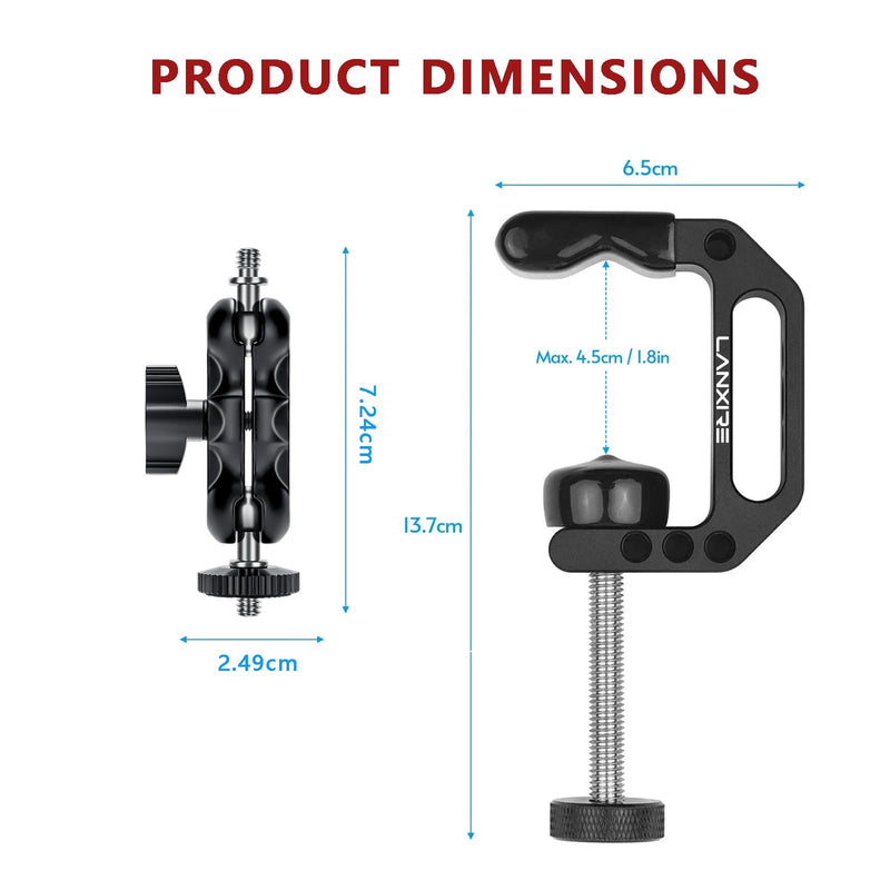 Camera Mount Clamp with Mini Magic Arm - 1/4" and 3/8" Threaded Holes - for Camera, Action Camera, Flash, Light, Microphone, Camera Clamp Adapter for Canon, Nikon, Sony, Panasonic, Blackmagic