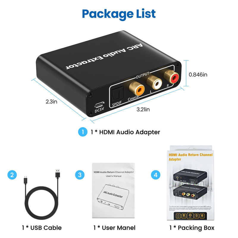 HDMI ARC Adapter, ARC Audio Extractor with Digital Optical TOSLINK SPDIF Coaxial and Analog 3.5mm RCA Stereo HDMI ARC to RCA Audio Converter ARC-01 Black 1