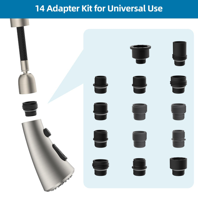 Curve Kitchen Faucet Head Replacement Compatible with Kohler, Included 14 Adapter Kit for Universal Fit Use, Brushed Nickel, 3 Function Pull Down Sink Faucet Spray Head Curve Design
